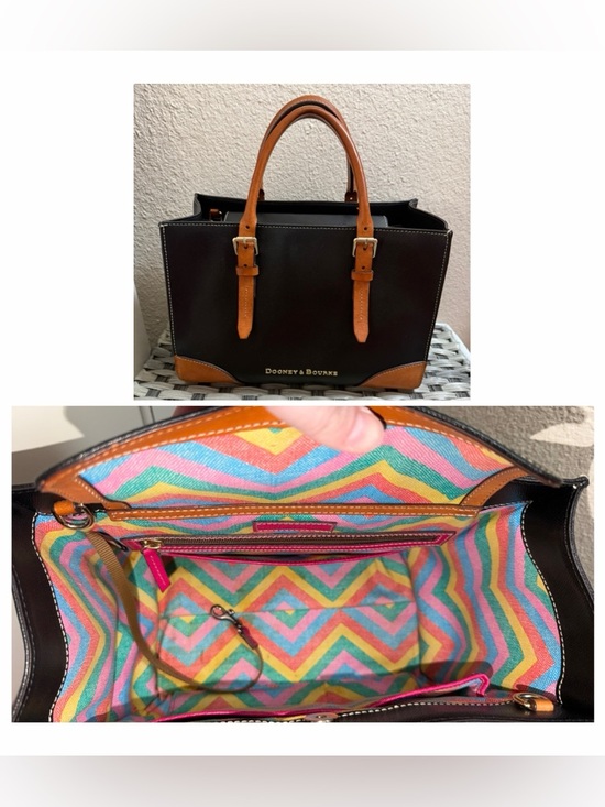 Dooney & Bourke Handbags - Dooney & Bourke Black Janine Leather Satchel Tan Trim Colorful Chevron Lining